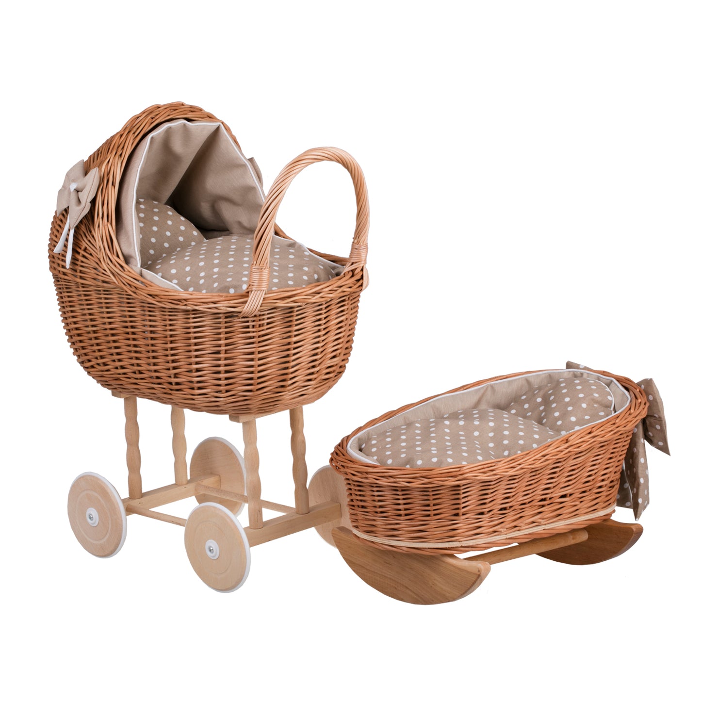 Lena wiklinowy wózek i kołyska dla lalek z beżowym obszyciem, kołderką i poduszką TheWickerStories
