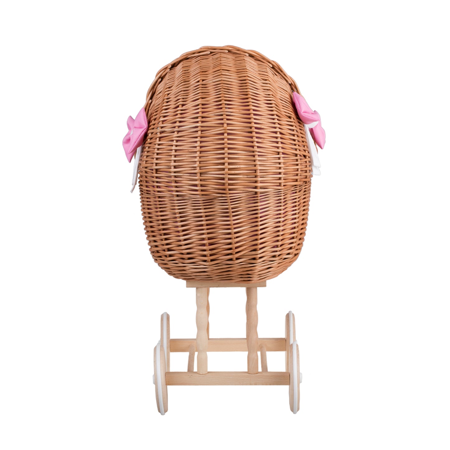 Lena wiklinowy wózek i kołyska dla lalek z różowym obszyciem, kołderką i poduszką TheWickerStories