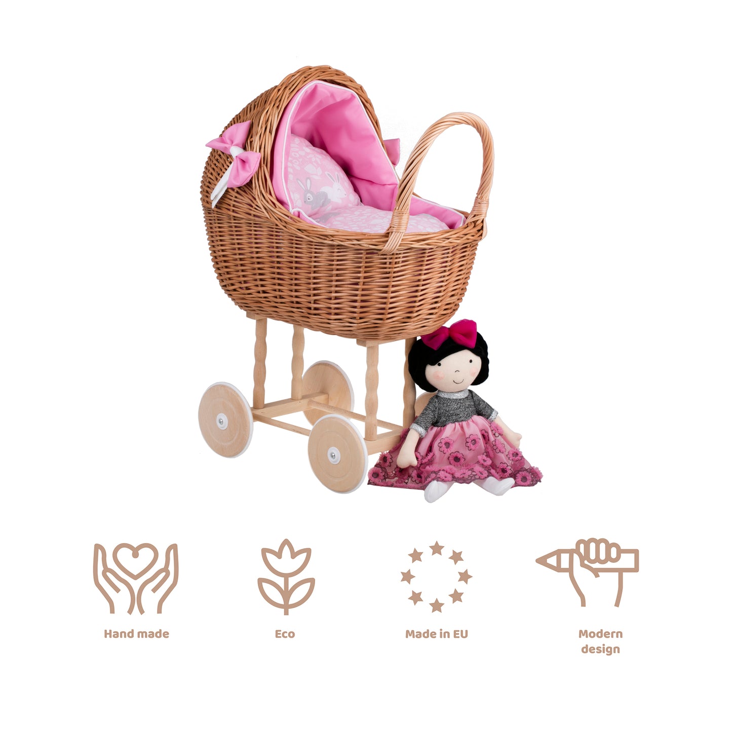 Lena wiklinowy wózek dla lalek z różowym obszyciem, kołderką i poduszką TheWickerStories