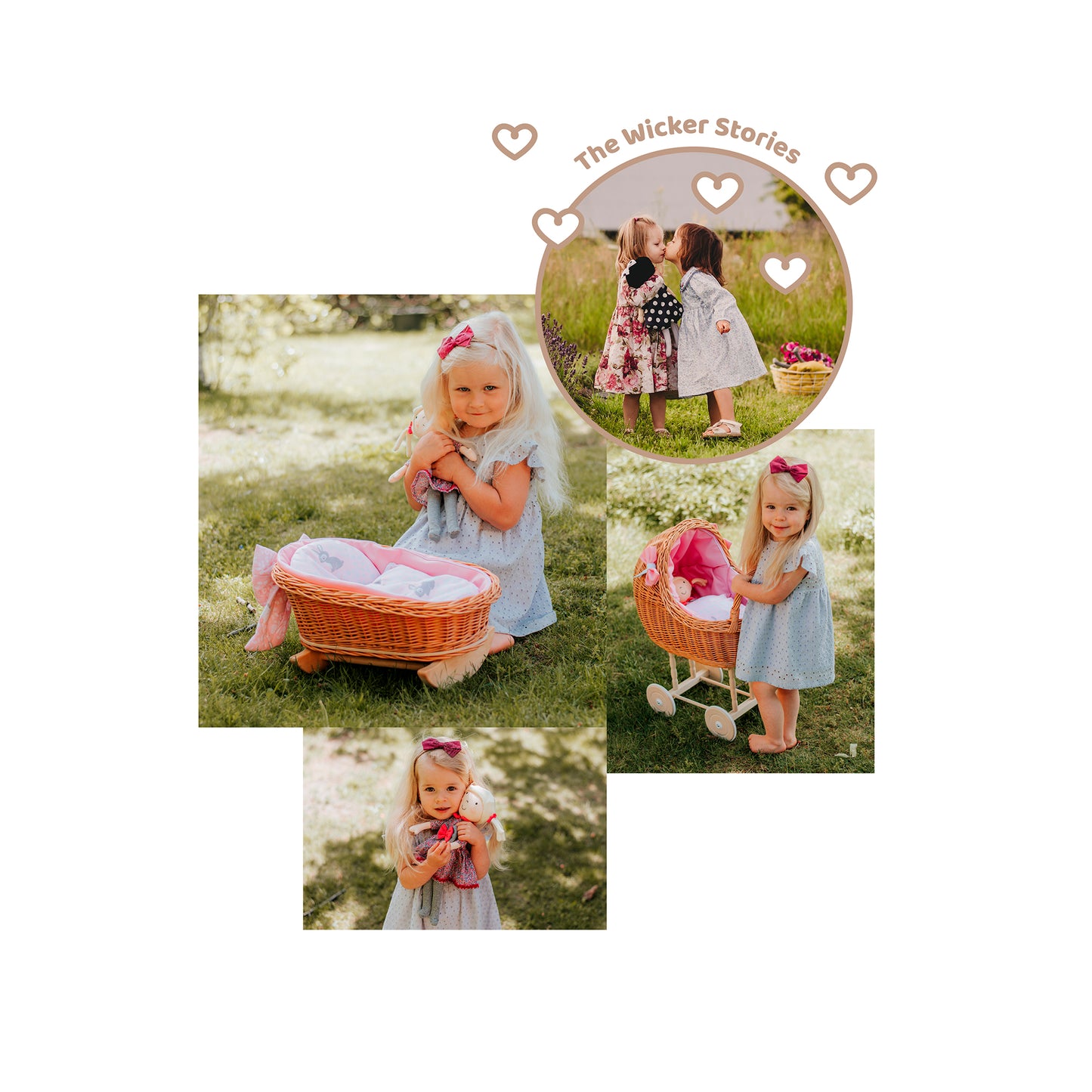 Lena wiklinowy wózek i kołyska dla lalek z różowym obszyciem, kołderką i poduszką TheWickerStories