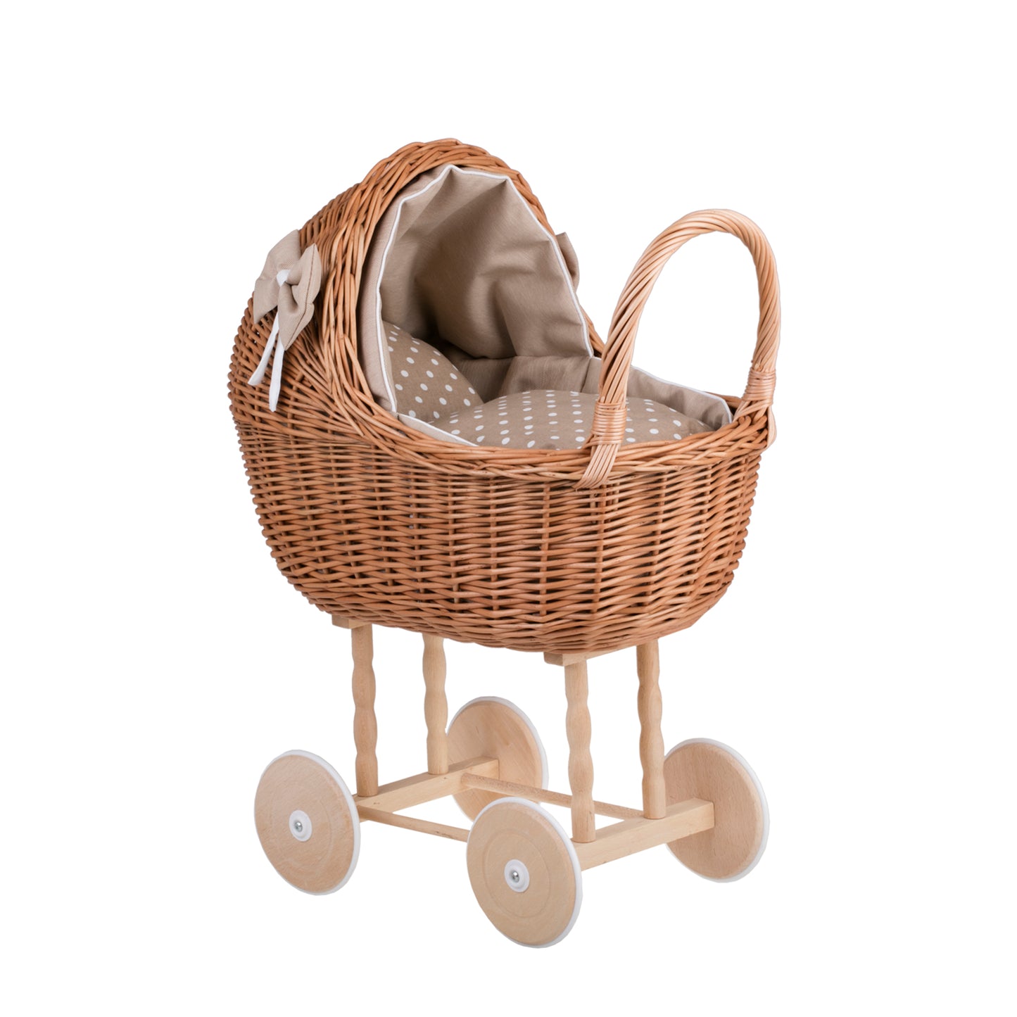 Lena wiklinowy wózek dla lalek z beżowym obszyciem, kołderką i poduszką TheWickerStories