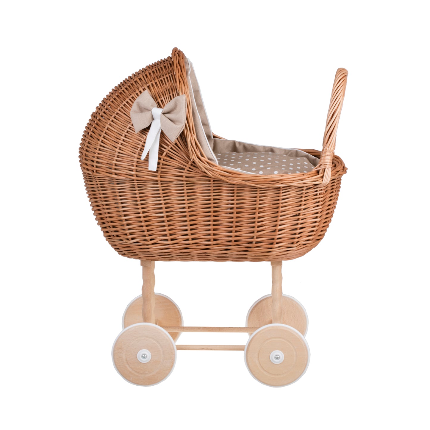 Lena wiklinowy wózek dla lalek z beżowym obszyciem, kołderką i poduszką TheWickerStories