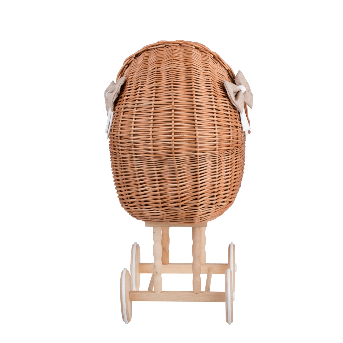 Lena wiklinowy wózek i kołyska dla lalek z beżowym obszyciem, kołderką i poduszką TheWickerStories