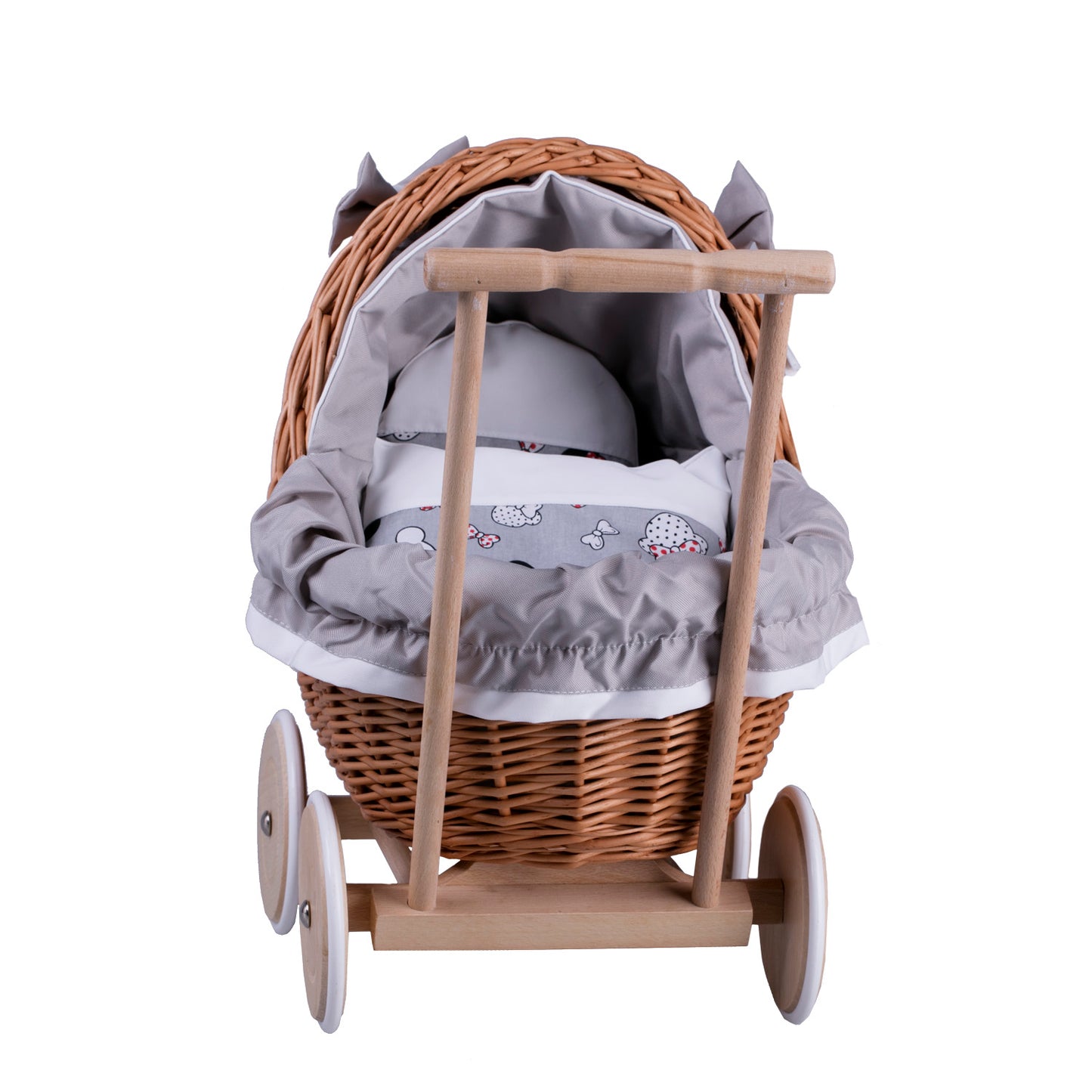 Lili wiklinowy wózek dla lalek z szarym obszyciem, kołderką i poduszką TheWickerStories