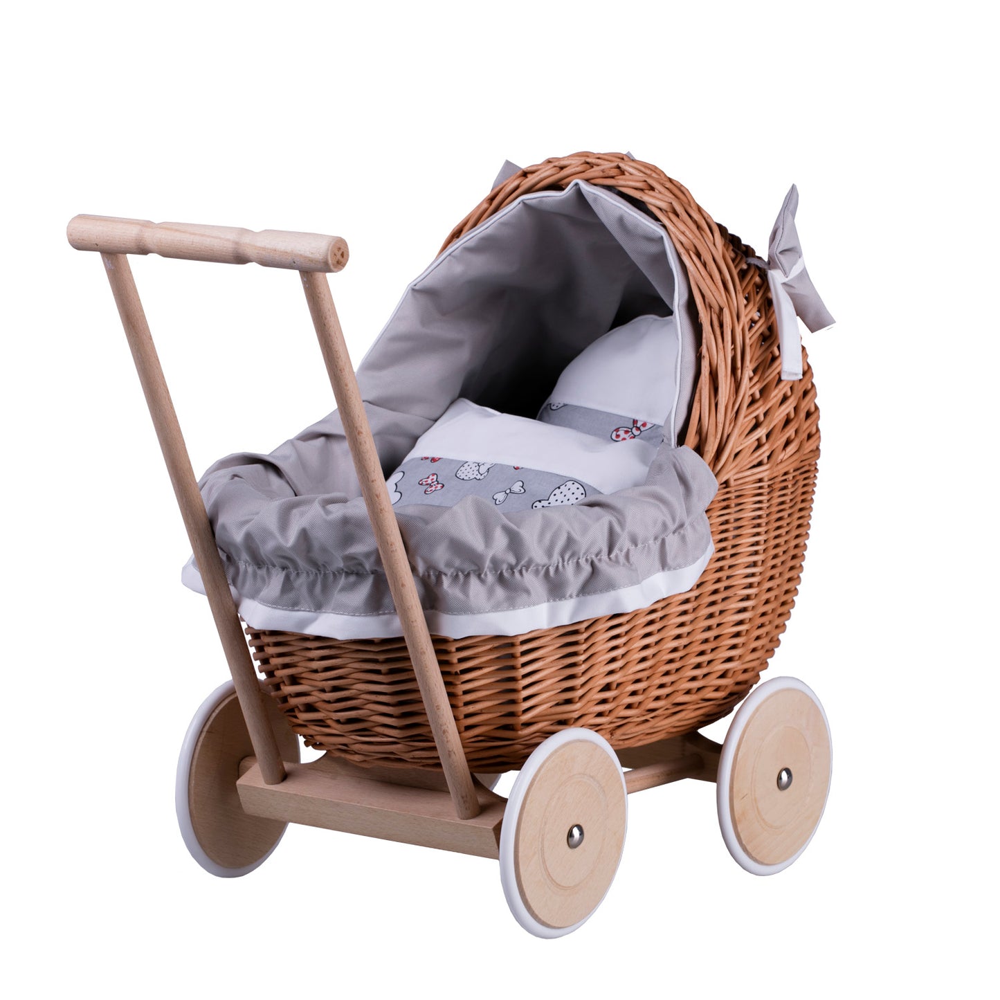 Lili wiklinowy wózek dla lalek z szarym obszyciem, kołderką i poduszką TheWickerStories