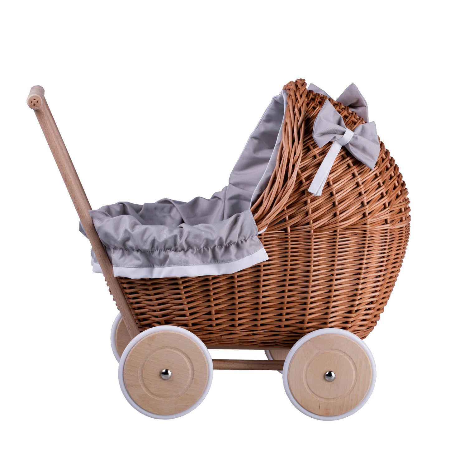 Lili wiklinowy wózek dla lalek z szarym obszyciem, kołderką i poduszką TheWickerStories