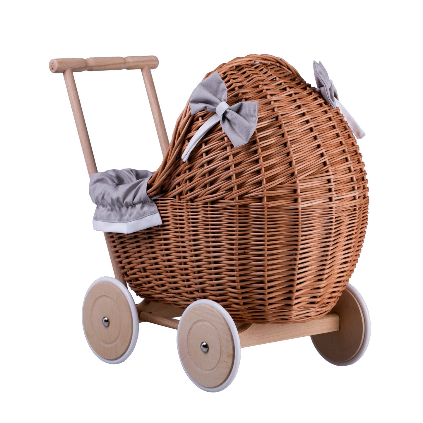 Lili wiklinowy wózek dla lalek z szarym obszyciem, kołderką i poduszką TheWickerStories