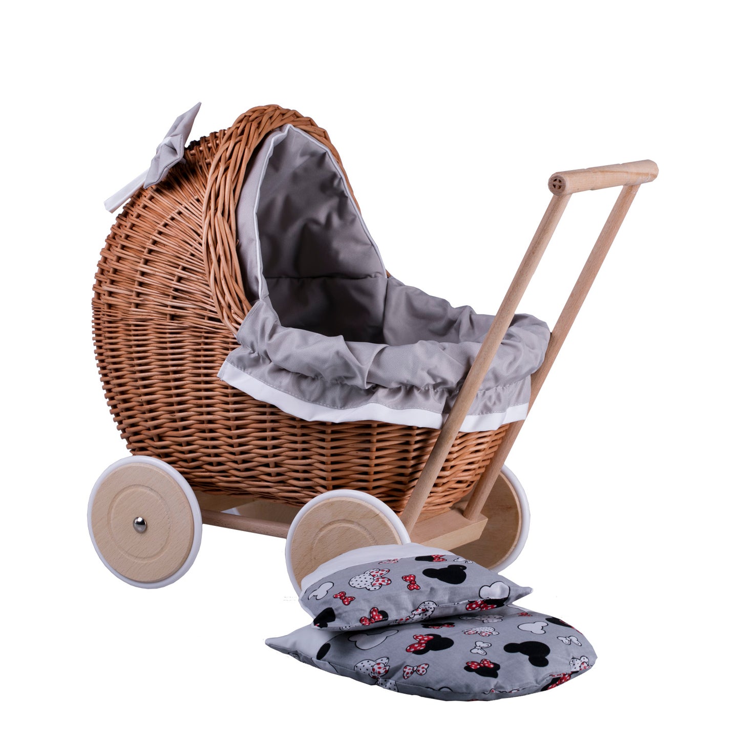 Lili wiklinowy wózek dla lalek z szarym obszyciem, kołderką i poduszką TheWickerStories