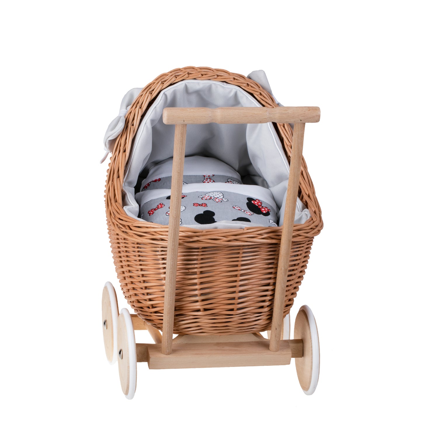 Lili wiklinowy wózek dla lalek z szarym obszyciem, kołderką i poduszką TheWickerStories
