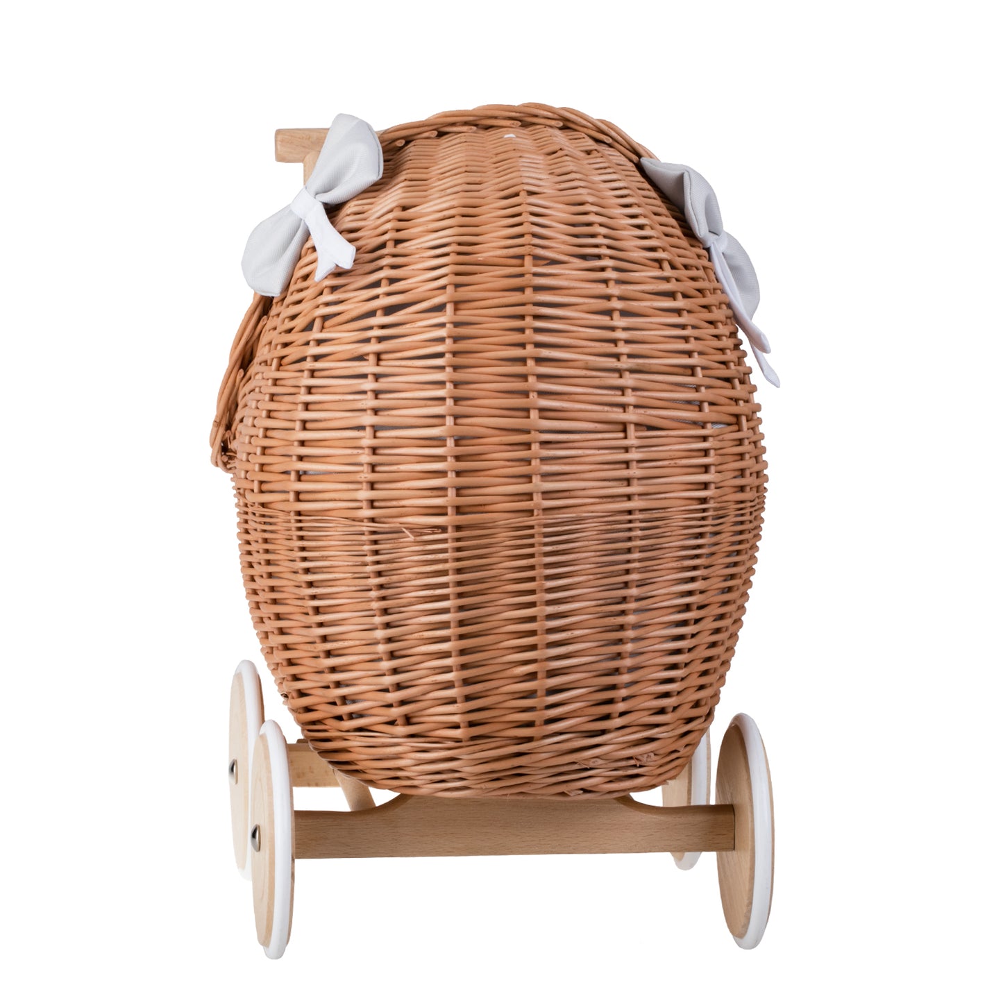 Lili wiklinowy wózek dla lalek z szarym obszyciem, kołderką i poduszką TheWickerStories