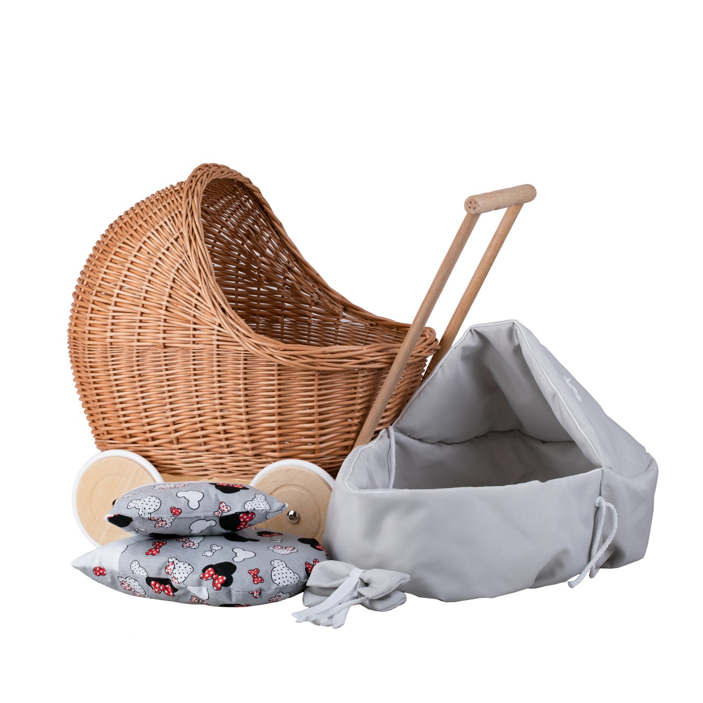 Lili wiklinowy wózek dla lalek z szarym obszyciem, kołderką i poduszką TheWickerStories