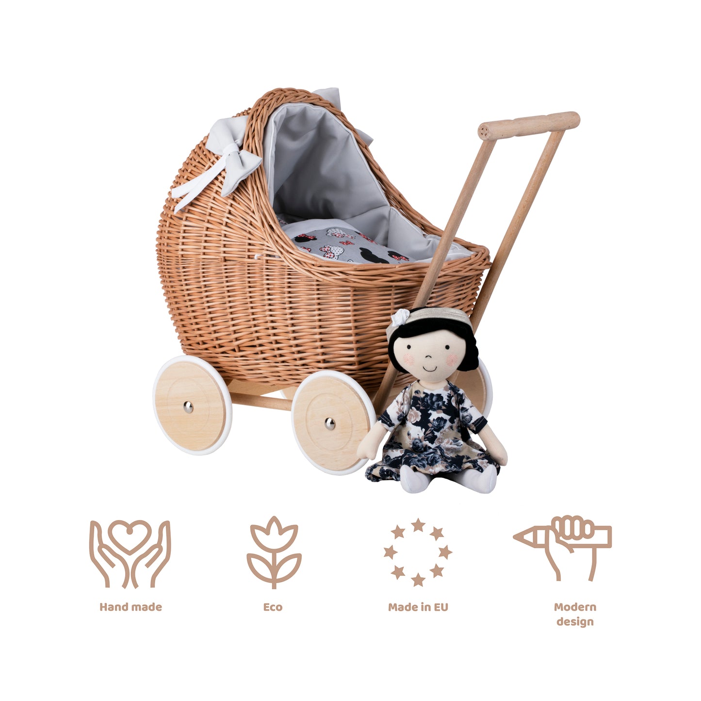 Lili wiklinowy wózek dla lalek z szarym obszyciem, kołderką i poduszką TheWickerStories