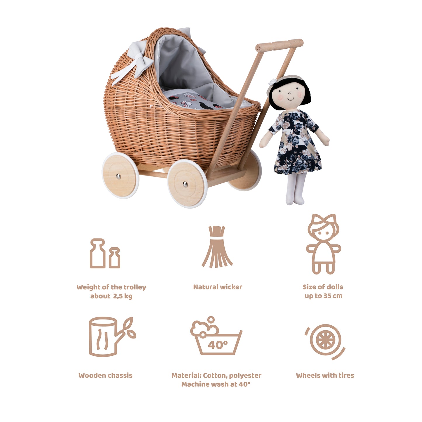 Lili wiklinowy wózek dla lalek z szarym obszyciem, kołderką i poduszką TheWickerStories