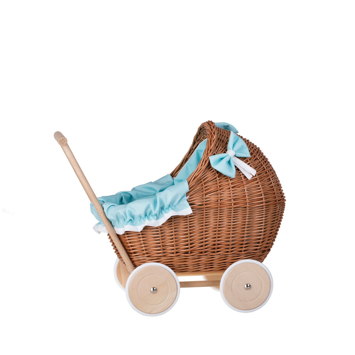 Lili wiklinowy wózek dla lalek z miętowym obszyciem, kołderką i poduszką TheWickerStories
