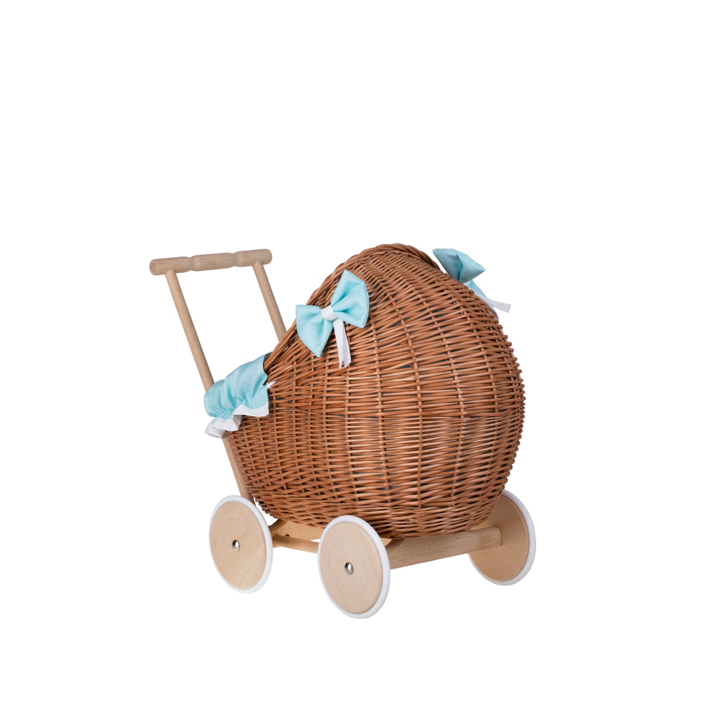 Lili wiklinowy wózek dla lalek z miętowym obszyciem, kołderką i poduszką TheWickerStories