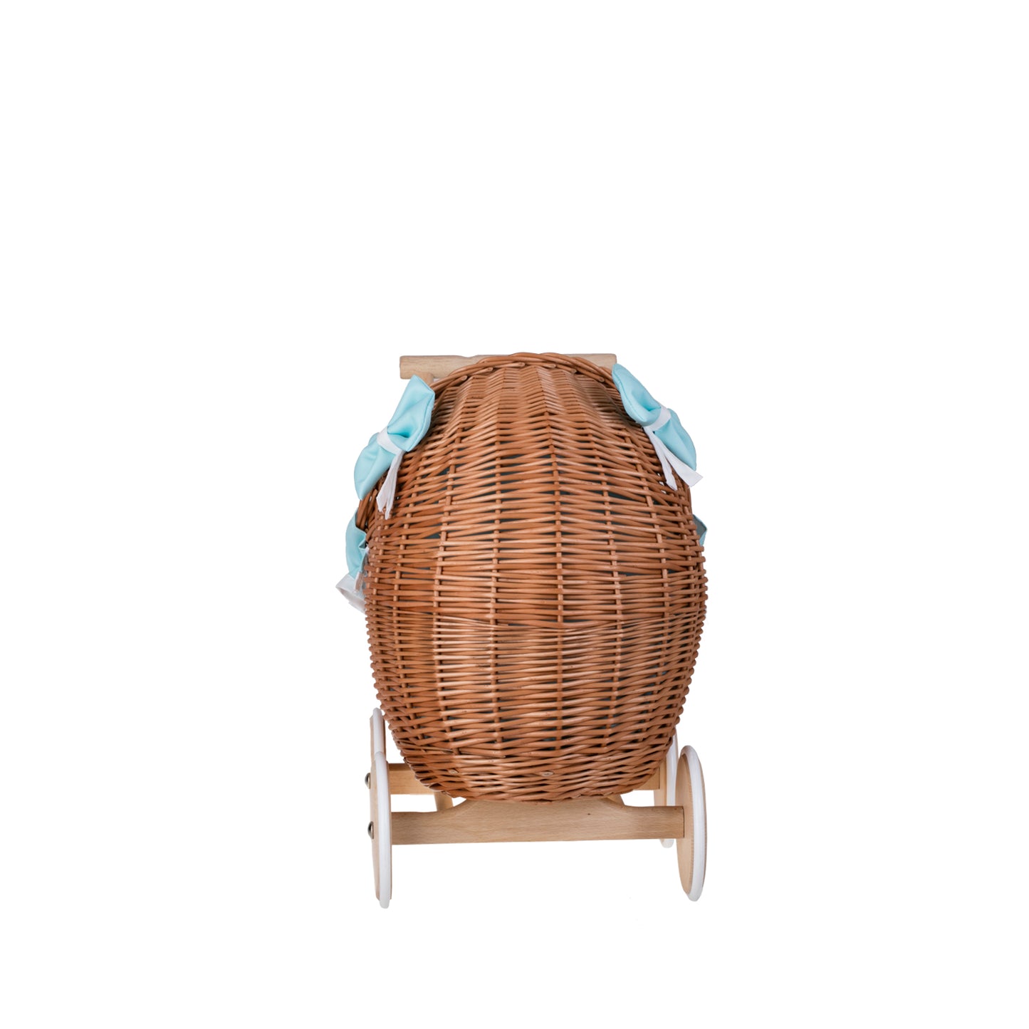 Lili wiklinowy wózek dla lalek z miętowym obszyciem, kołderką i poduszką TheWickerStories