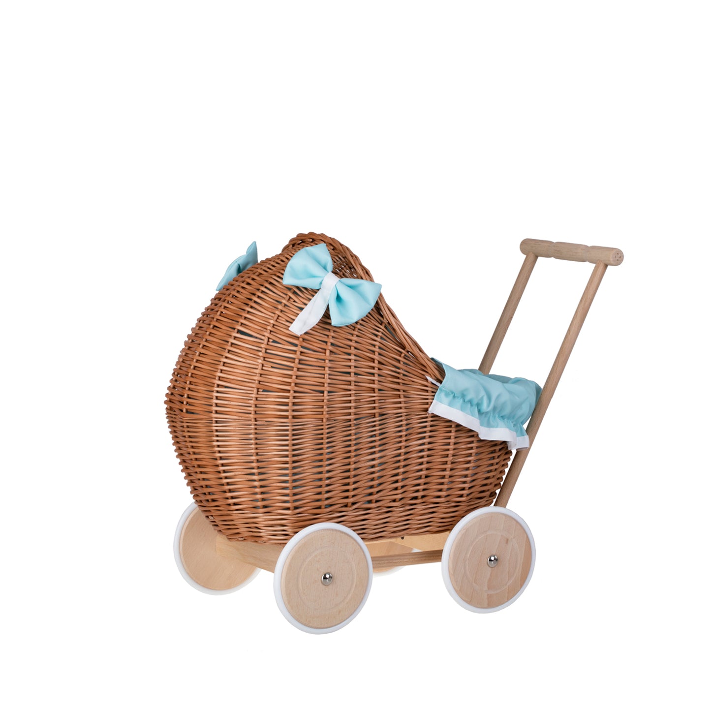 Lili wiklinowy wózek dla lalek z miętowym obszyciem, kołderką i poduszką TheWickerStories