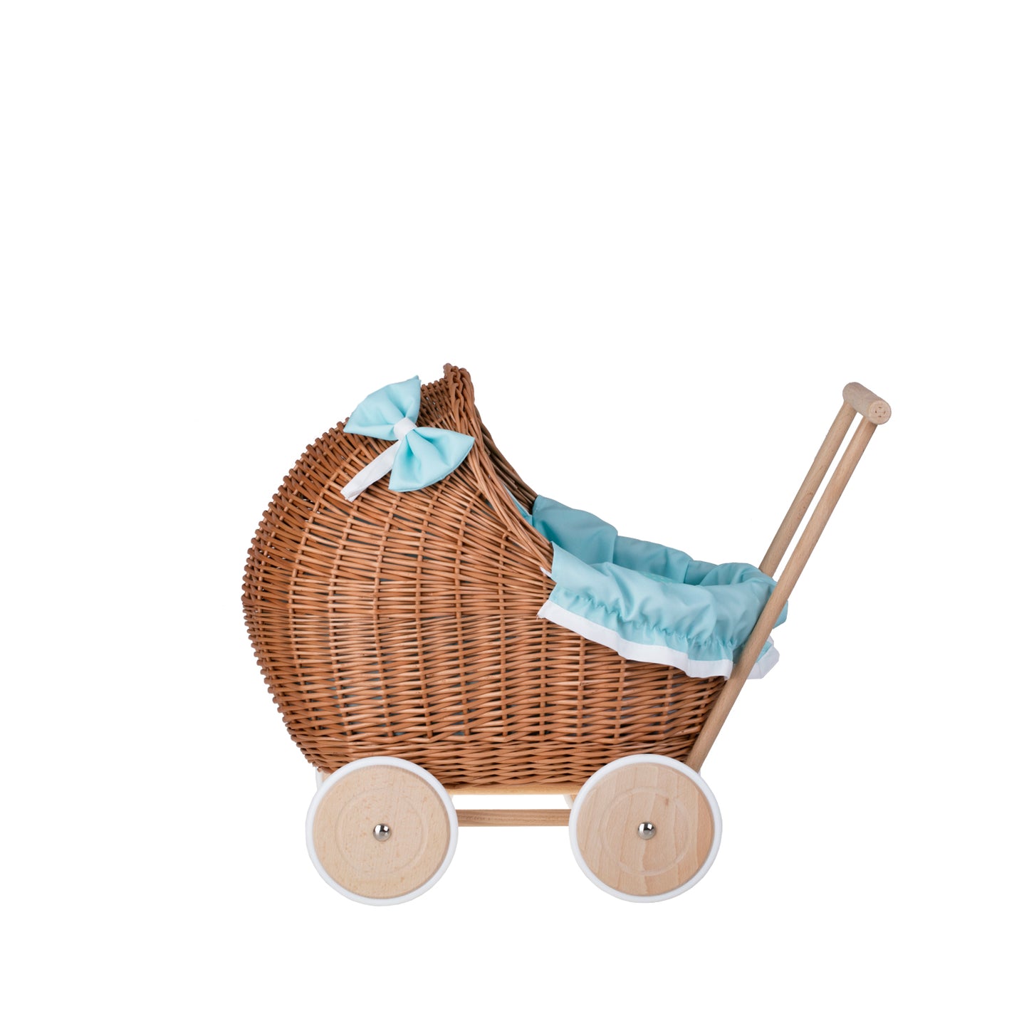 Lili wiklinowy wózek dla lalek z miętowym obszyciem, kołderką i poduszką TheWickerStories