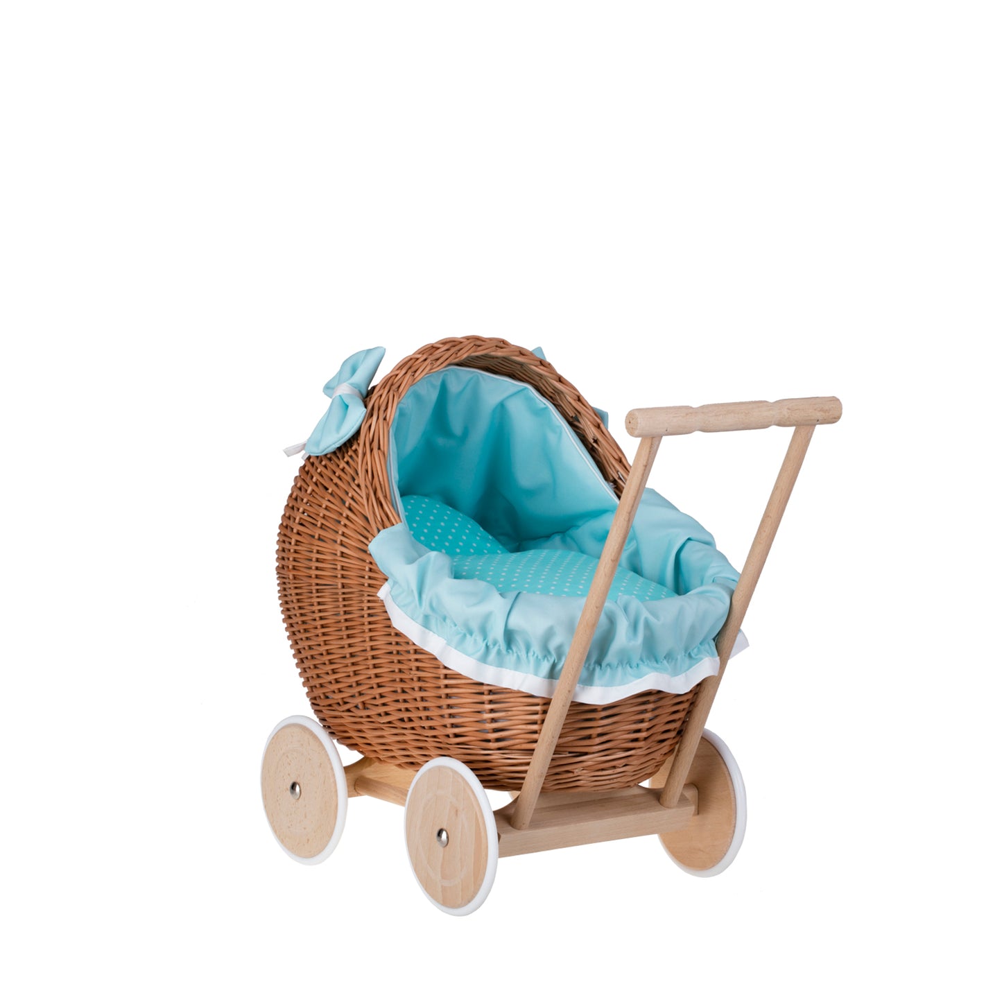 Lili wiklinowy wózek dla lalek z miętowym obszyciem, kołderką i poduszką TheWickerStories