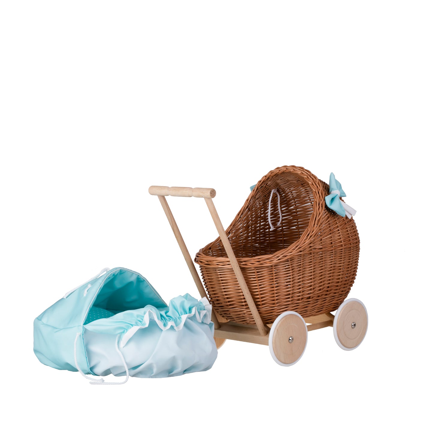 Lili wiklinowy wózek dla lalek z miętowym obszyciem, kołderką i poduszką TheWickerStories