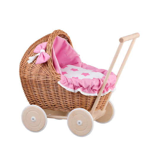 Lili wiklinowy wózek dla lalek z różowym obszyciem, kołderką i poduszką TheWickerStories