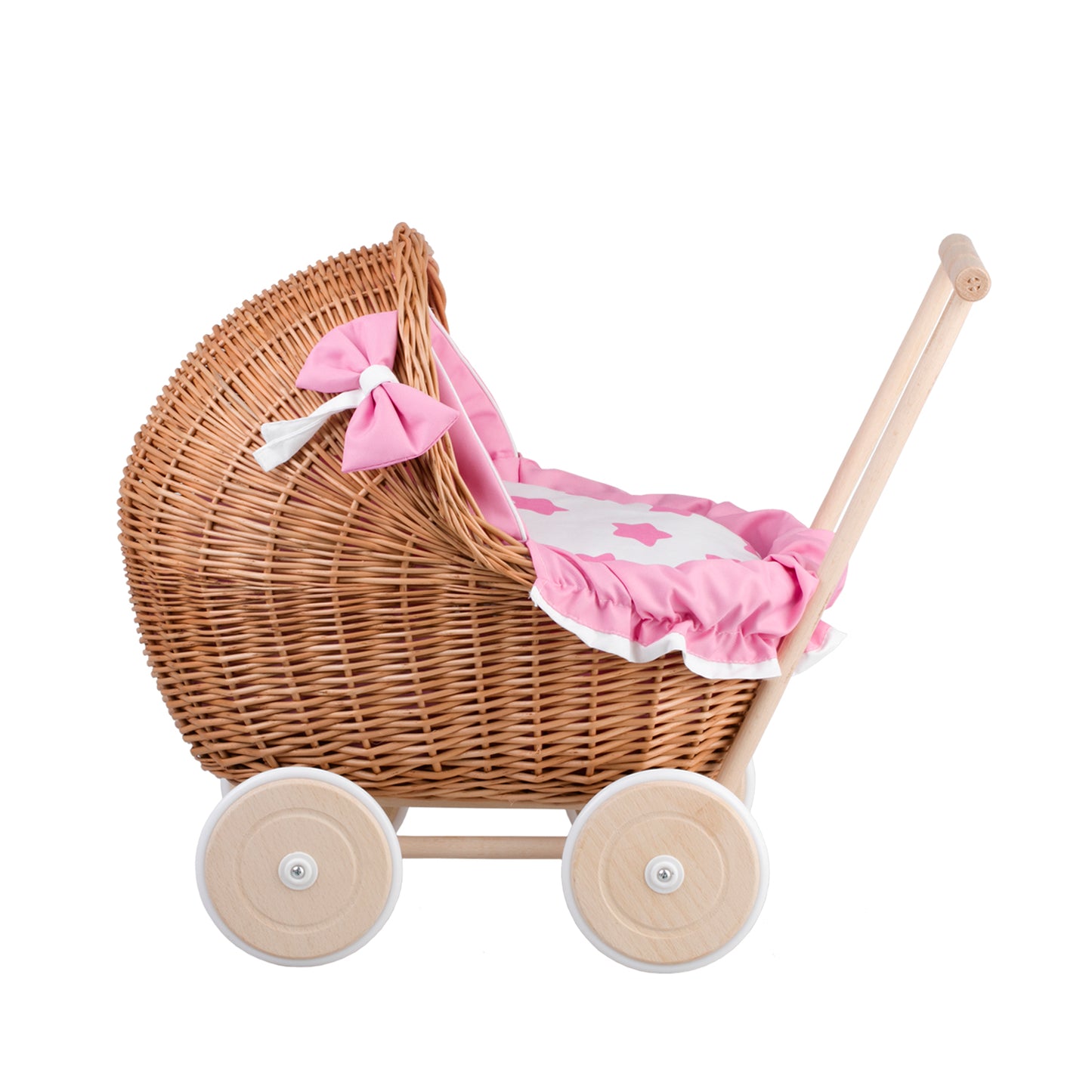 Lili wiklinowy wózek dla lalek z różowym obszyciem, kołderką i poduszką TheWickerStories