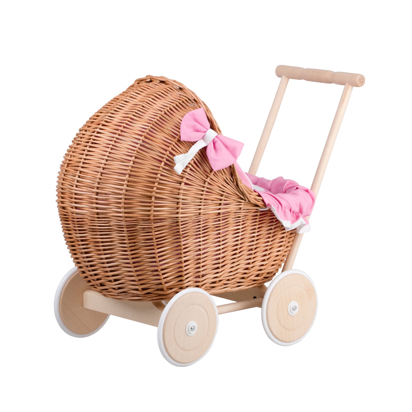 Lili wiklinowy wózek dla lalek z różowym obszyciem, kołderką i poduszką TheWickerStories