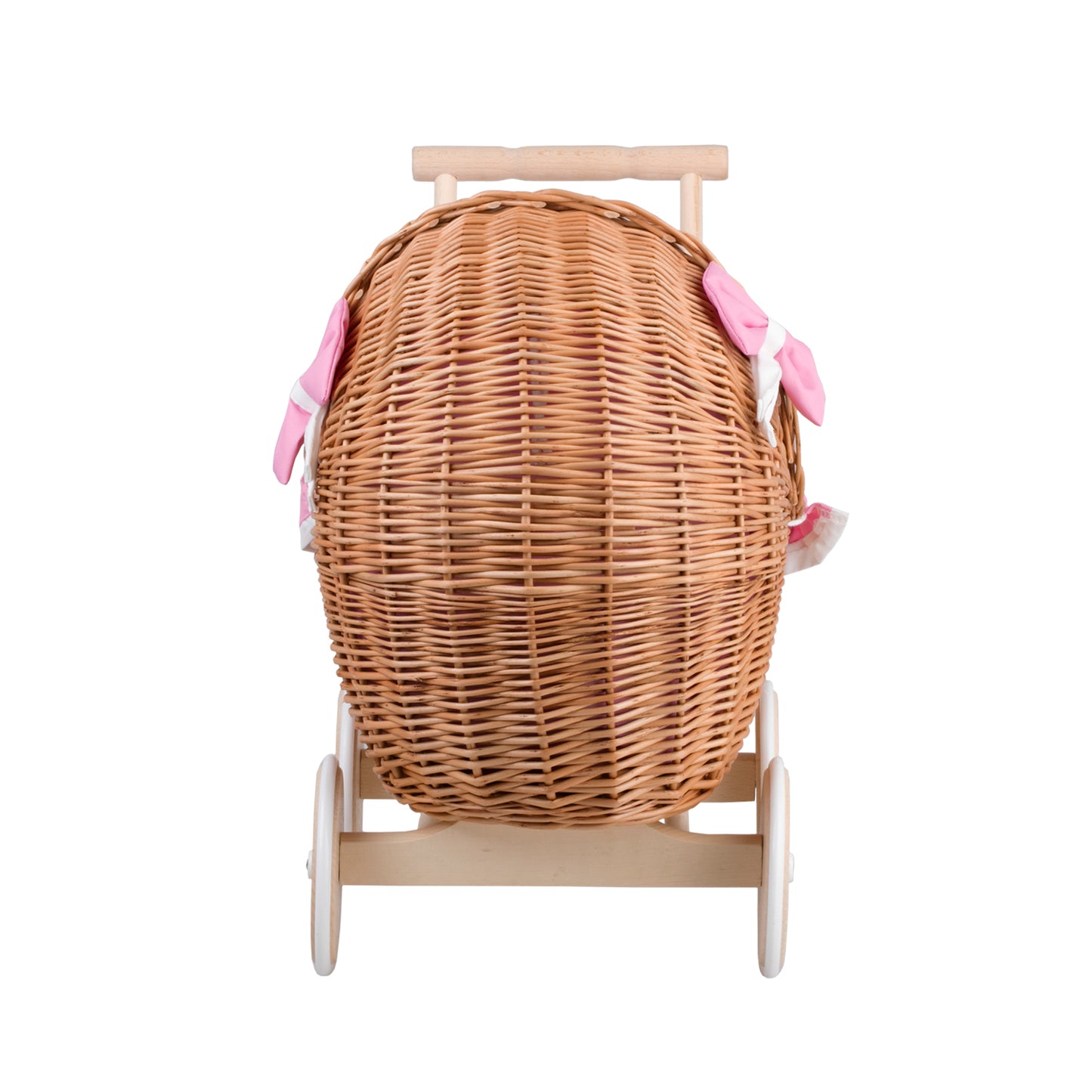 Lili wiklinowy wózek dla lalek z różowym obszyciem, kołderką i poduszką TheWickerStories
