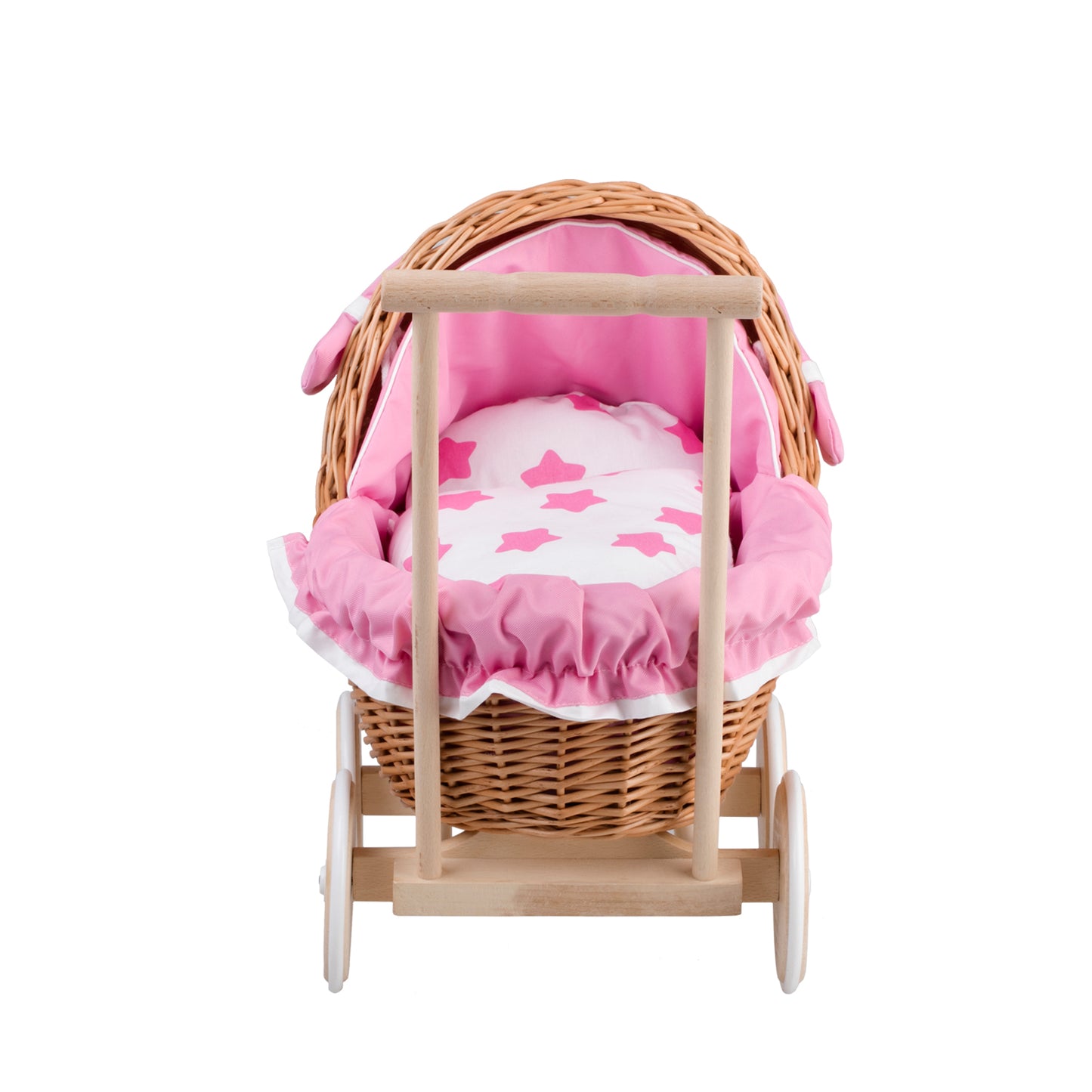 Lili wiklinowy wózek dla lalek z różowym obszyciem, kołderką i poduszką TheWickerStories