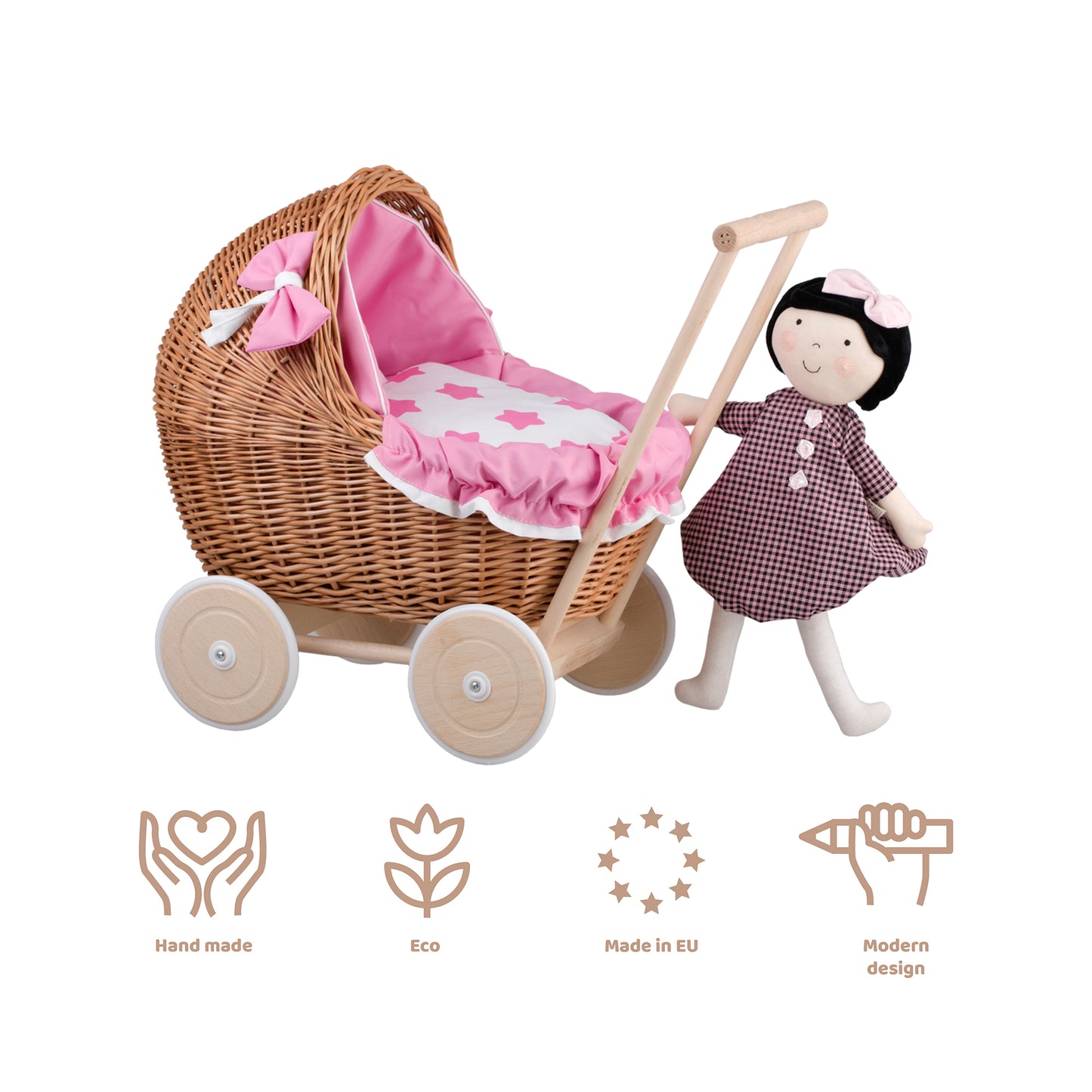 Lili wiklinowy wózek dla lalek z różowym obszyciem, kołderką i poduszką TheWickerStories