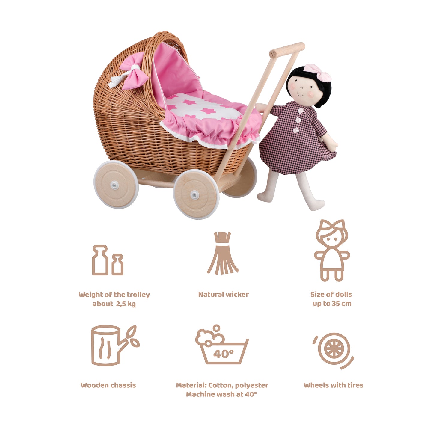 Lili wiklinowy wózek dla lalek z różowym obszyciem, kołderką i poduszką TheWickerStories