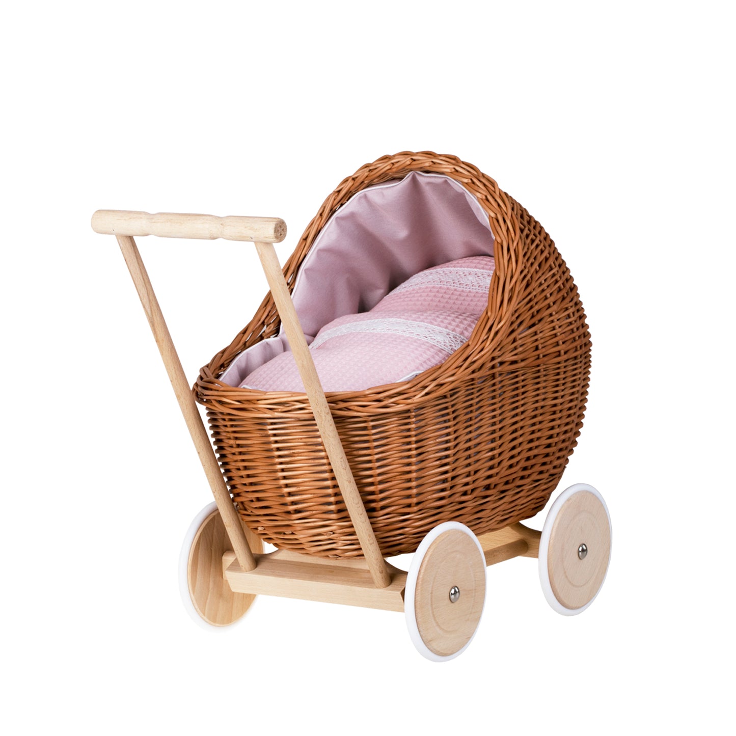 Lili wiklinowy wózek dla lalek z różowym obszyciem, kołderką i poduszką TheWickerStories