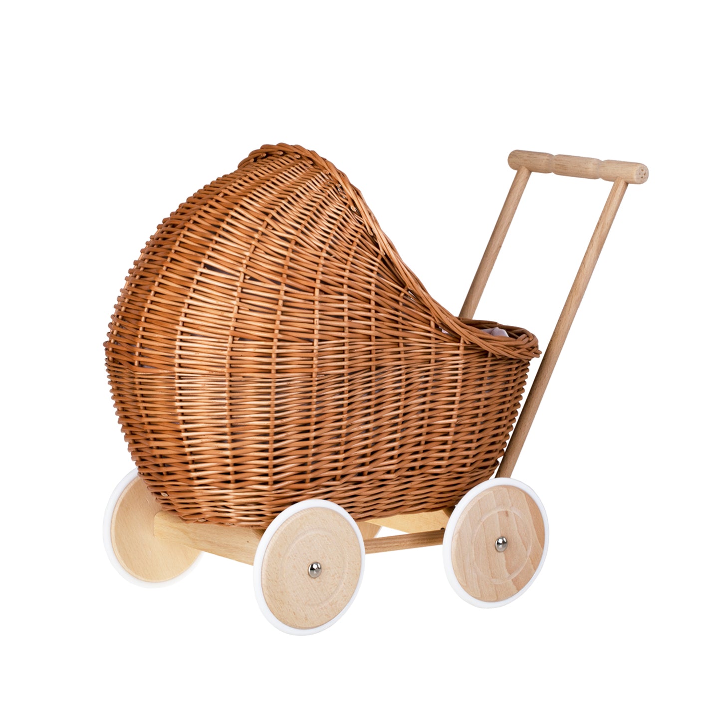 Lili wiklinowy wózek dla lalek z różowym obszyciem, kołderką i poduszką TheWickerStories