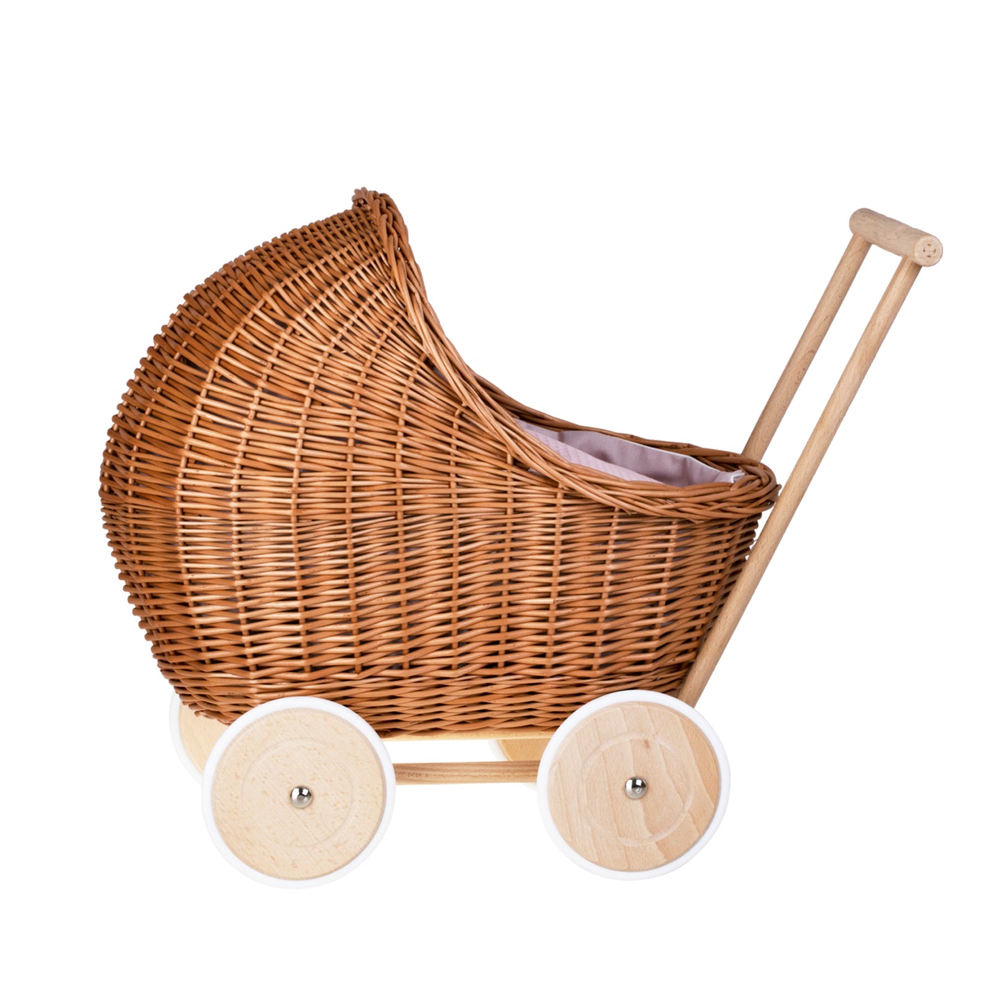 Lili wiklinowy wózek dla lalek z różowym obszyciem, kołderką i poduszką TheWickerStories