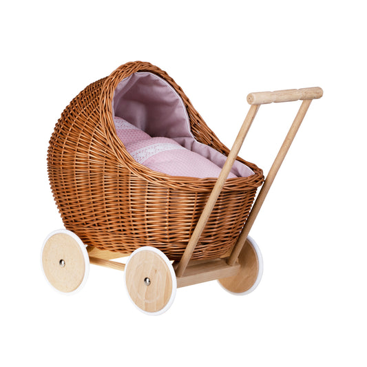 Lili wiklinowy wózek dla lalek z różowym obszyciem, kołderką i poduszką TheWickerStories