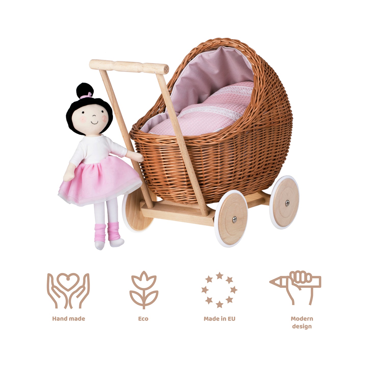 Lili wiklinowy wózek dla lalek z różowym obszyciem, kołderką i poduszką TheWickerStories