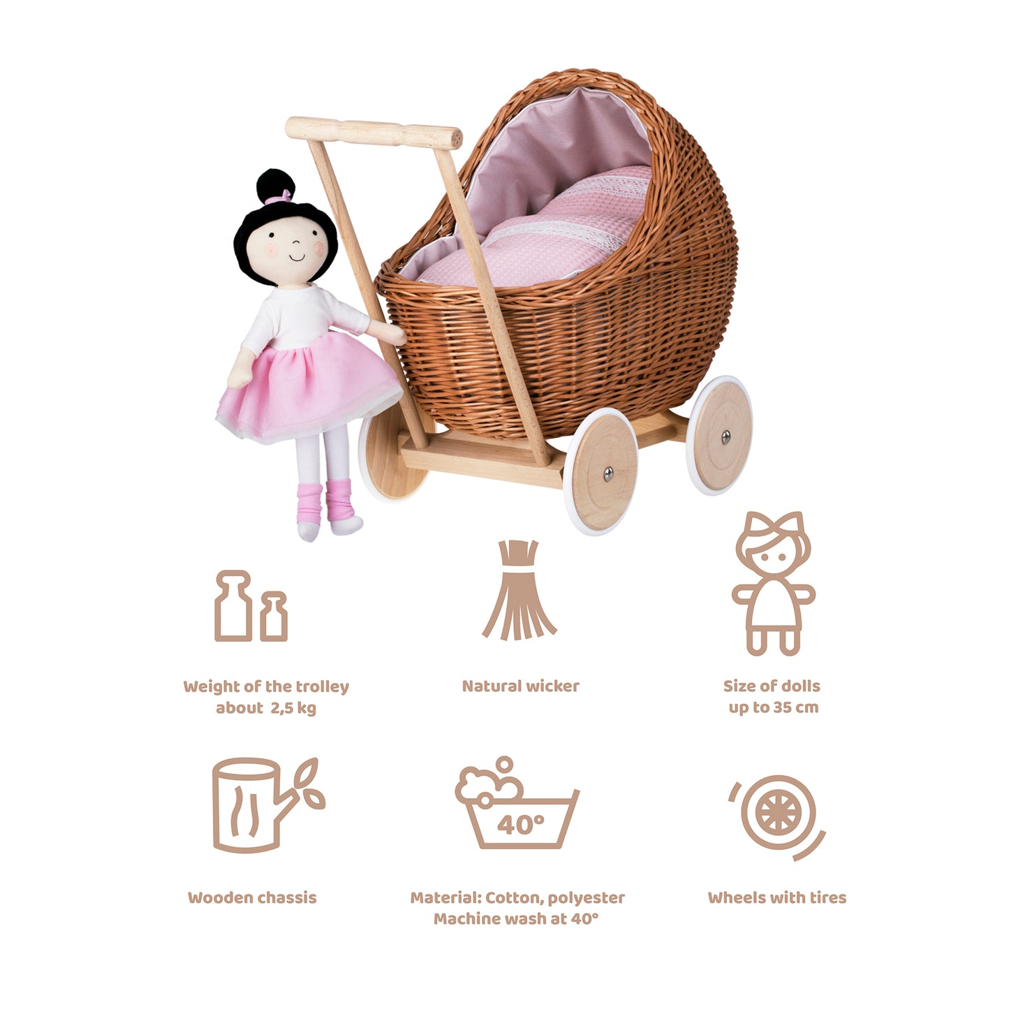Lili wiklinowy wózek dla lalek z różowym obszyciem, kołderką i poduszką TheWickerStories