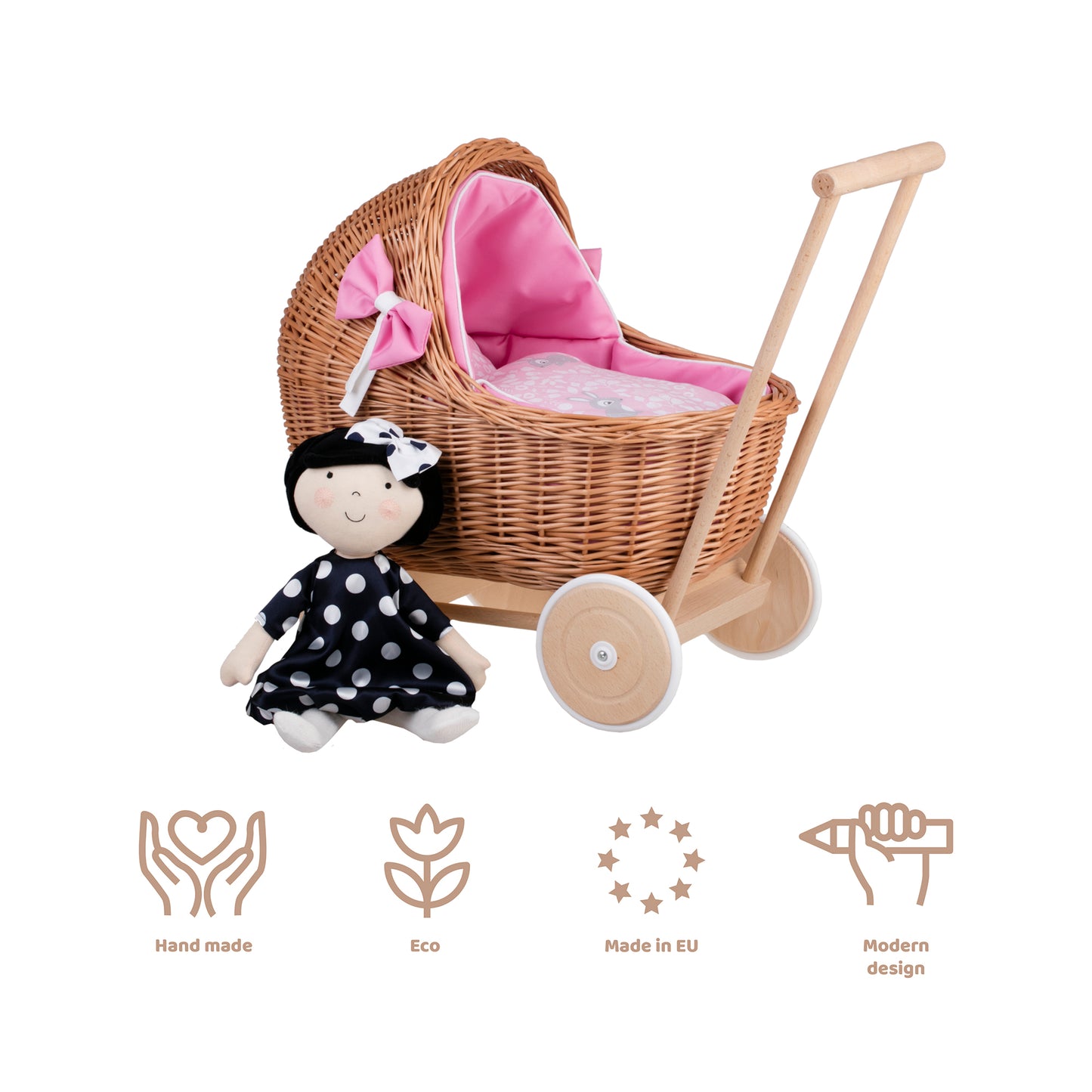 Lili wiklinowy wózek dla lalek z różowym obszyciem, kołderką i poduszką TheWickerStories