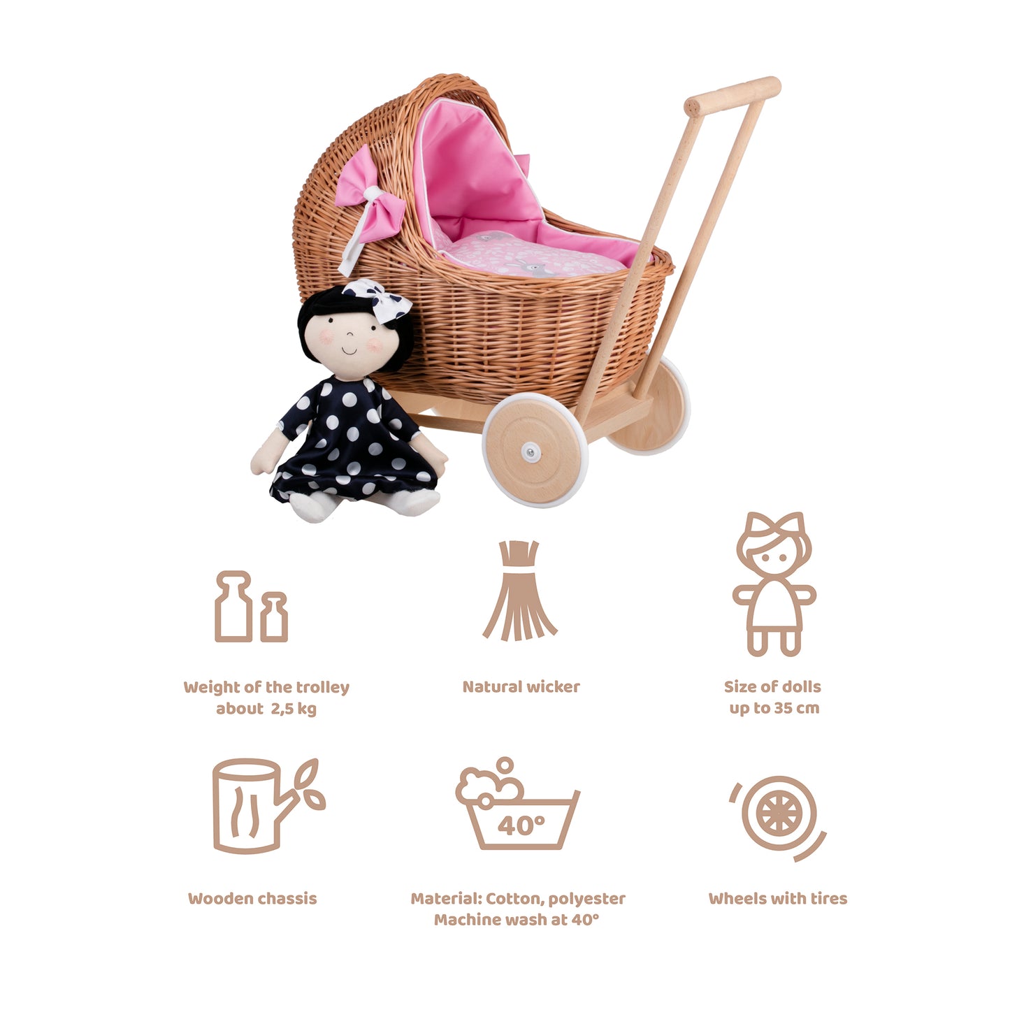 Lili wiklinowy wózek dla lalek z różowym obszyciem, kołderką i poduszką TheWickerStories