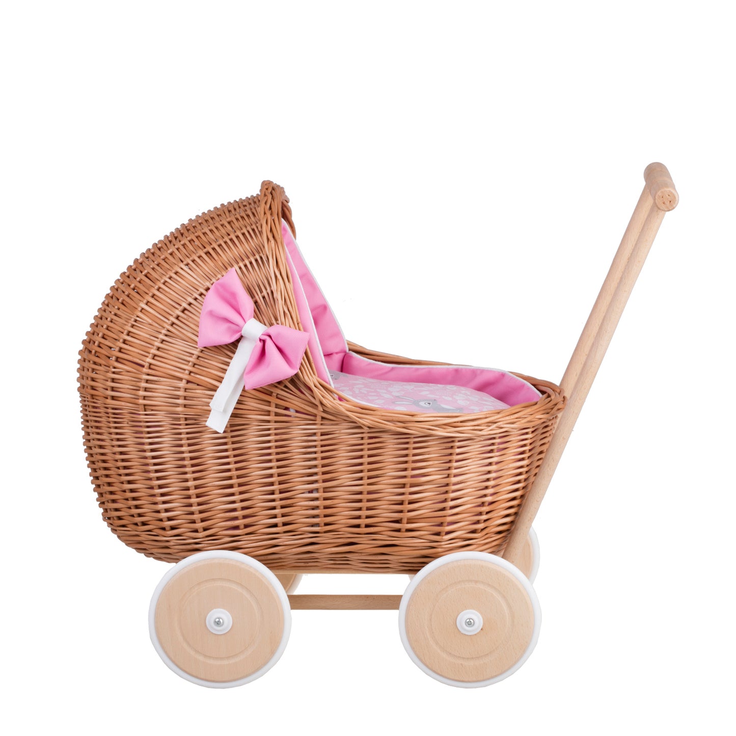 Lili wiklinowy wózek dla lalek z różowym obszyciem, kołderką i poduszką TheWickerStories