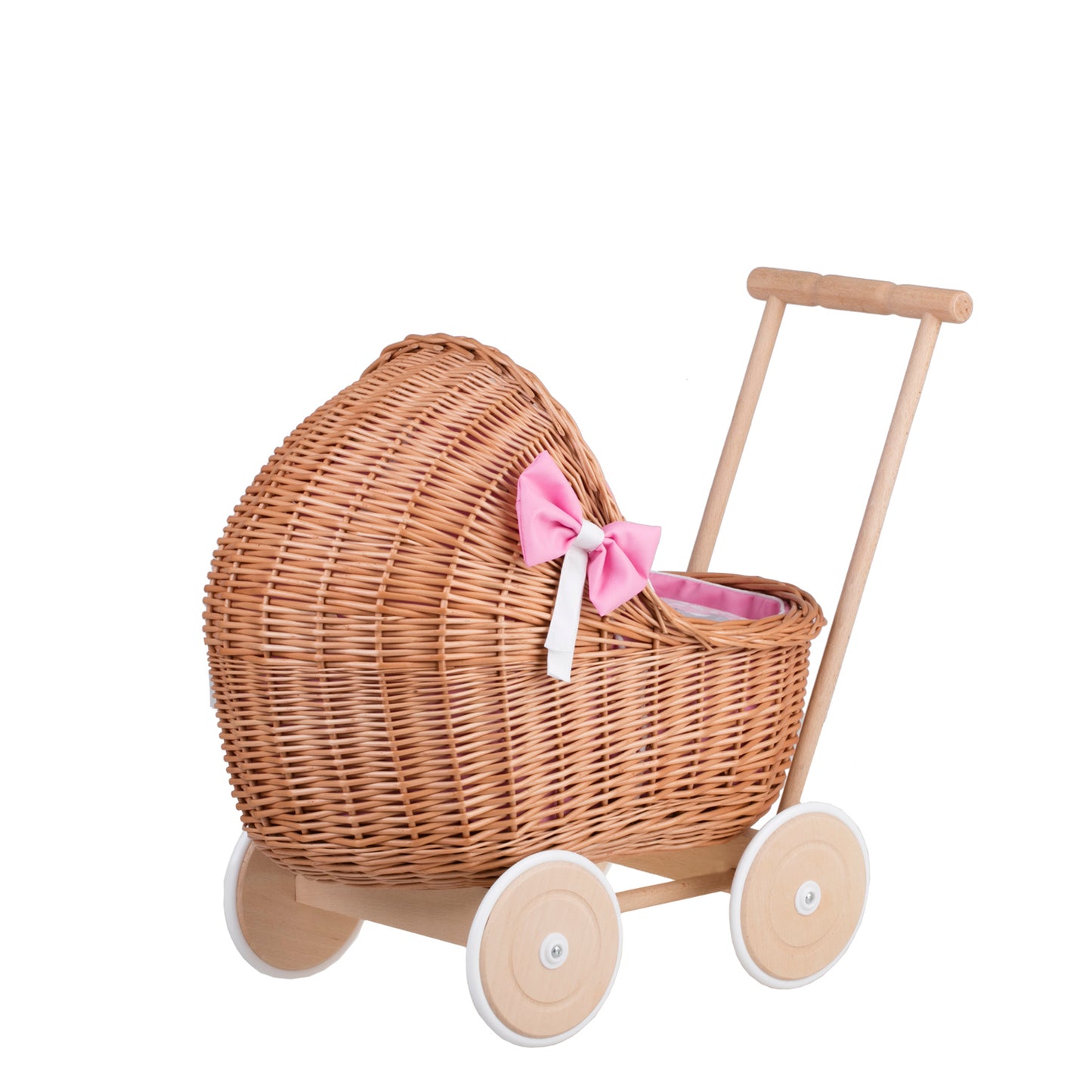 Lili wiklinowy wózek dla lalek z różowym obszyciem, kołderką i poduszką TheWickerStories