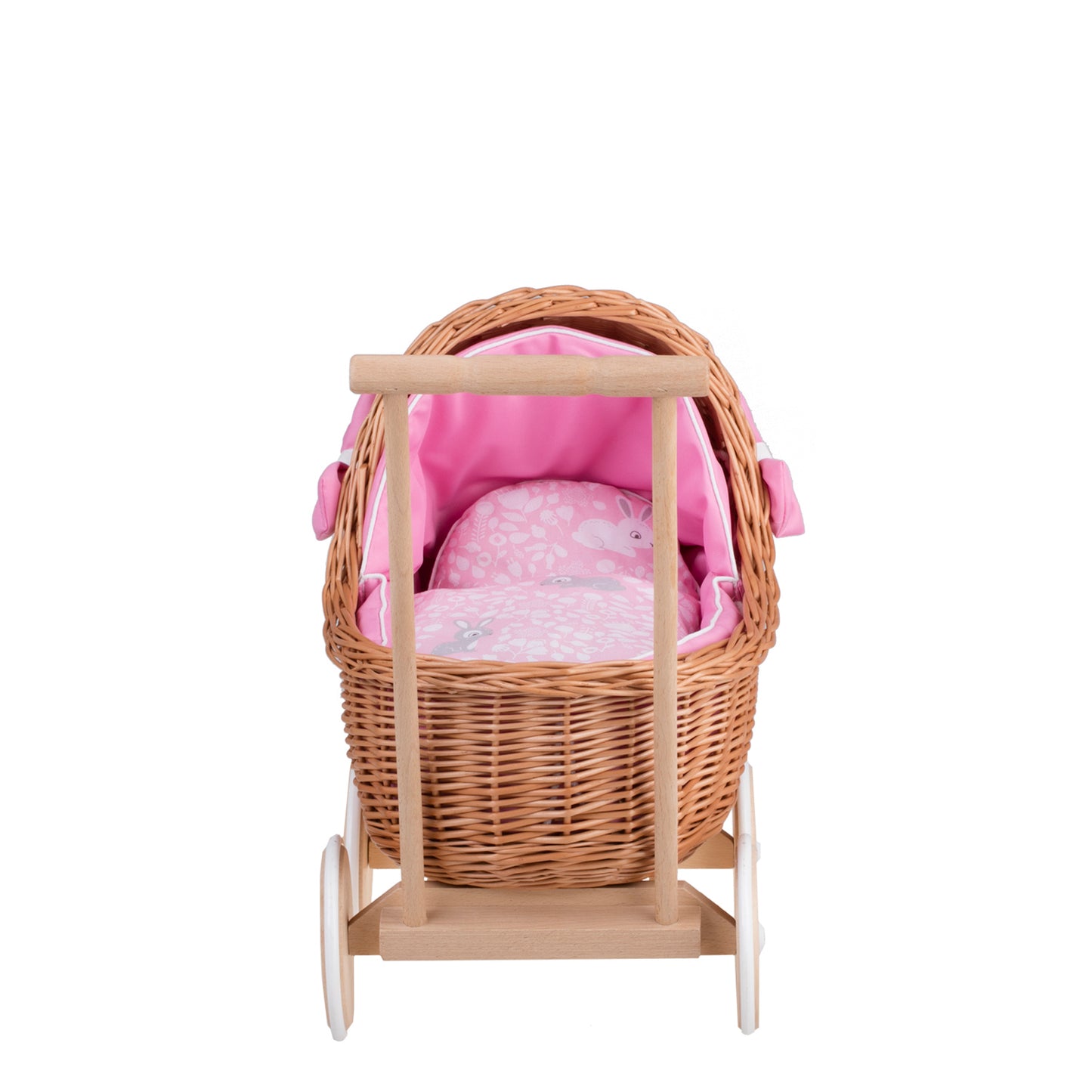 Lili wiklinowy wózek dla lalek z różowym obszyciem, kołderką i poduszką TheWickerStories