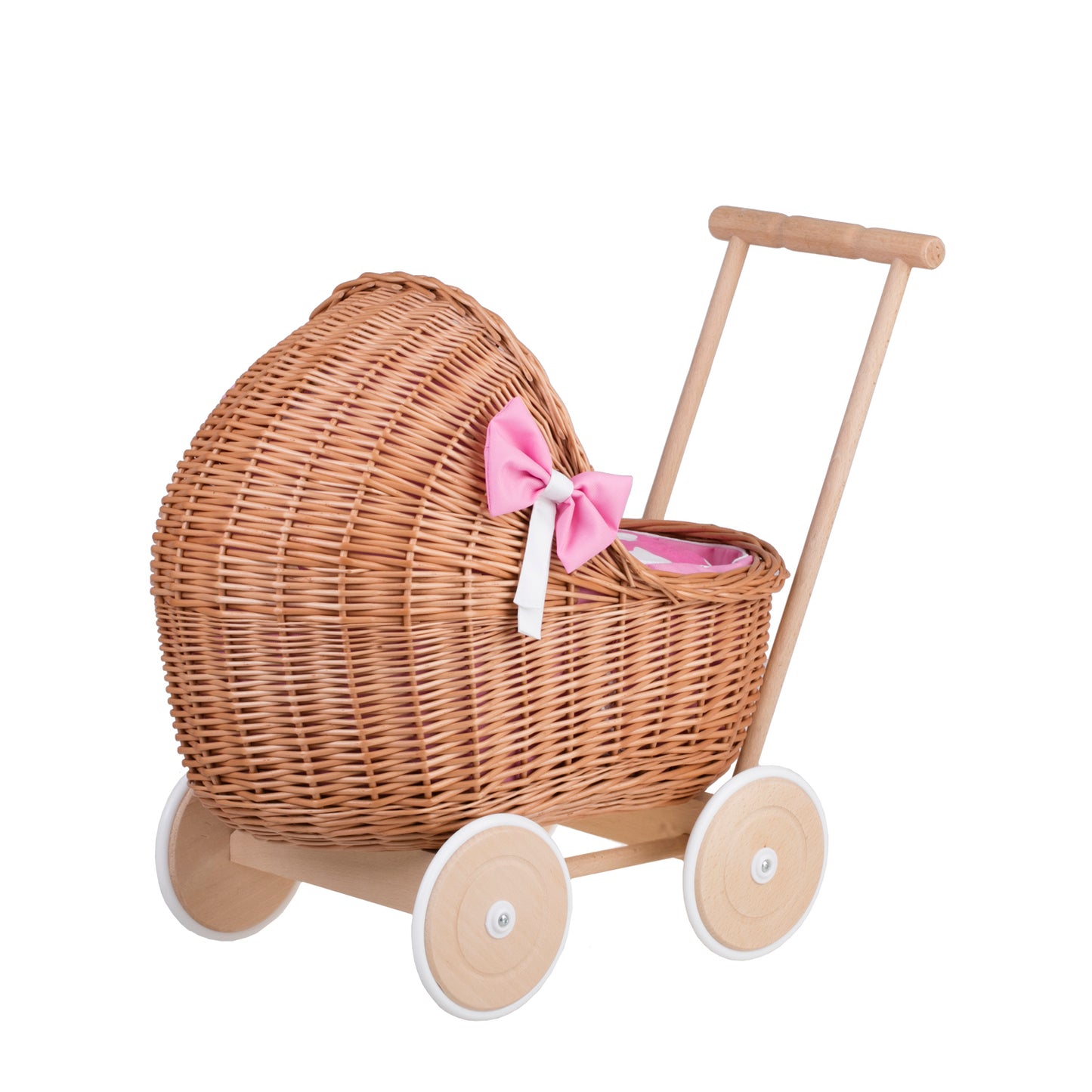 Lili wiklinowy wózek dla lalek z różowym obszyciem, kołderką i poduszką TheWickerStories