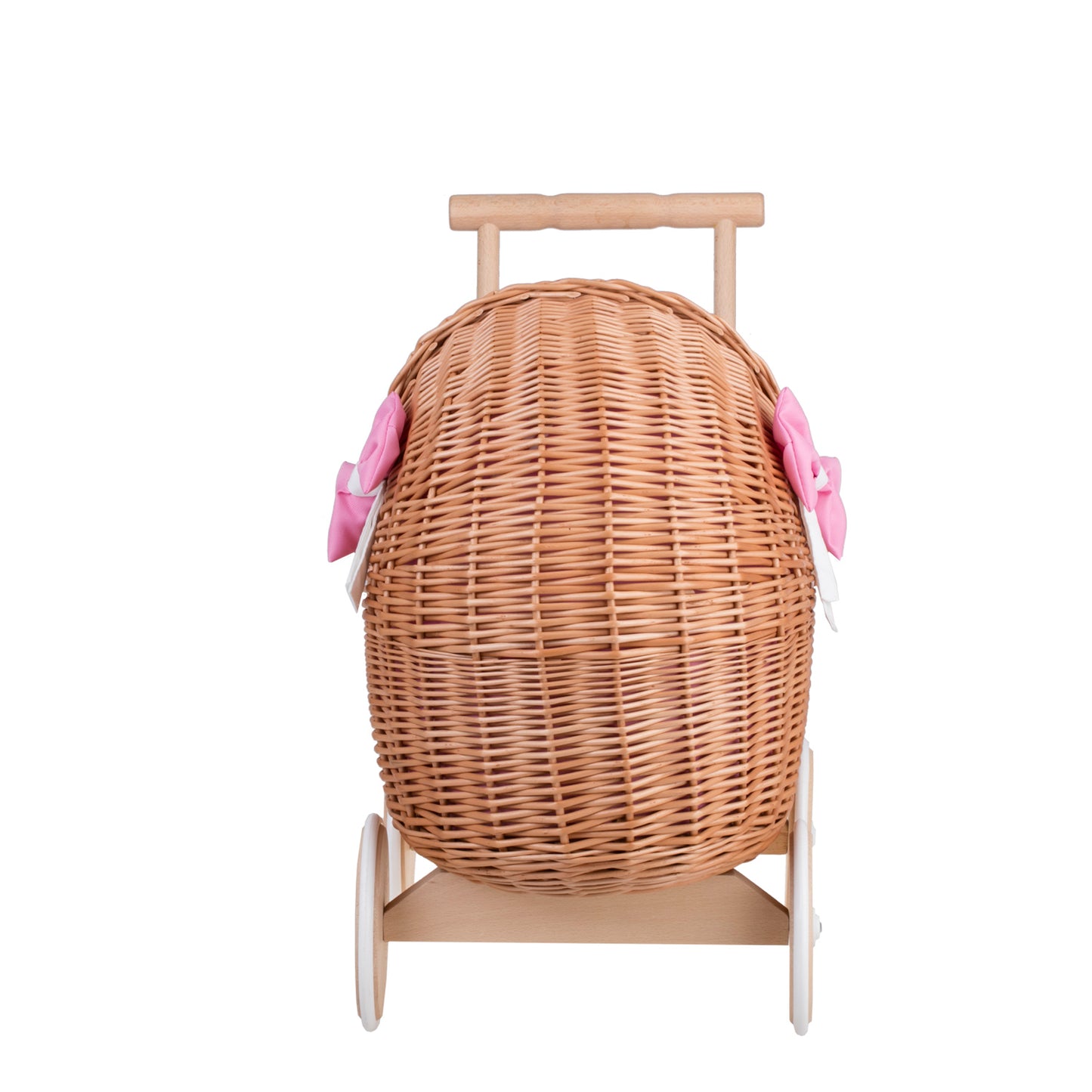 Lili wiklinowy wózek dla lalek z różowym obszyciem, kołderką i poduszką TheWickerStories