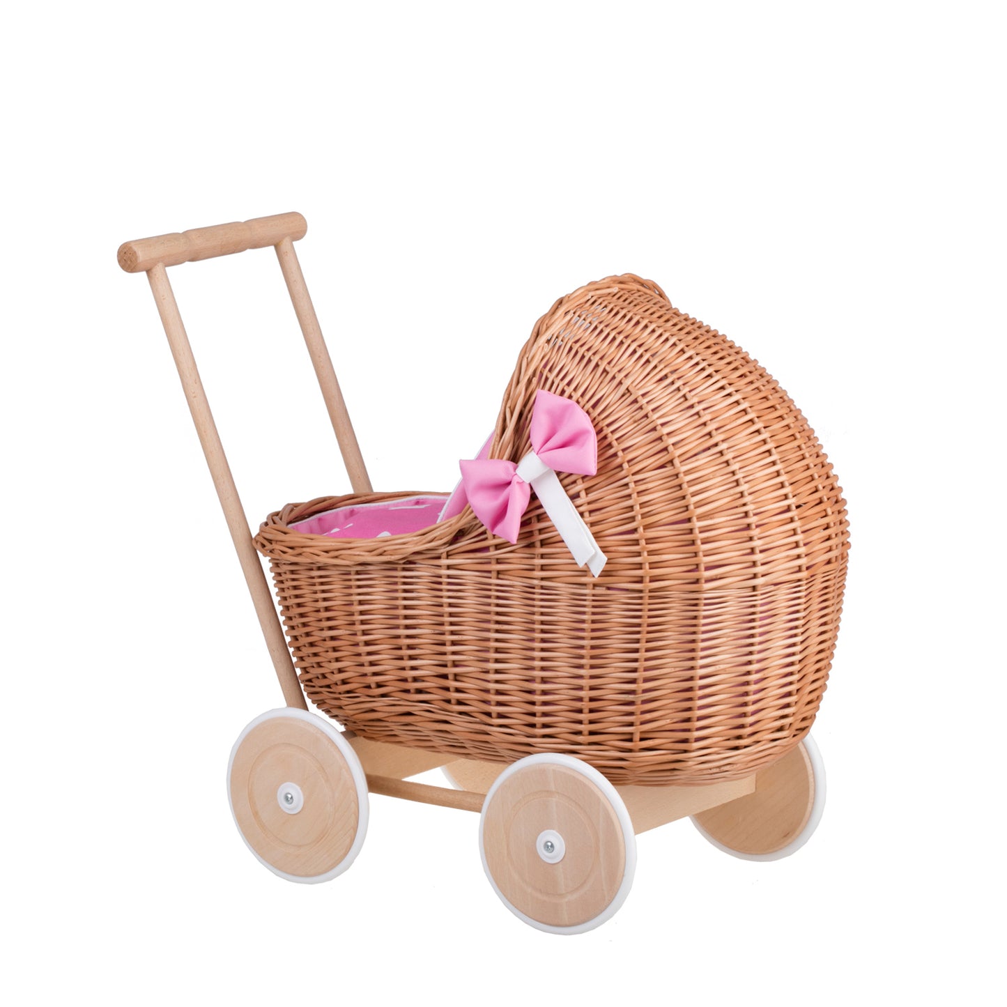 Lili wiklinowy wózek dla lalek z różowym obszyciem, kołderką i poduszką TheWickerStories