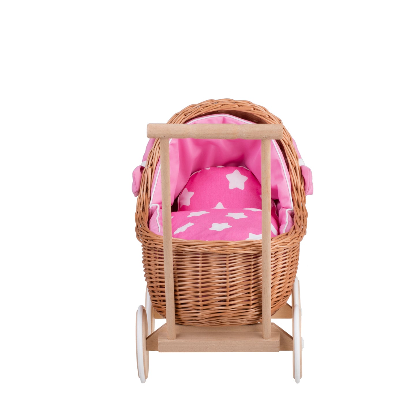 Lili wiklinowy wózek dla lalek z różowym obszyciem, kołderką i poduszką TheWickerStories