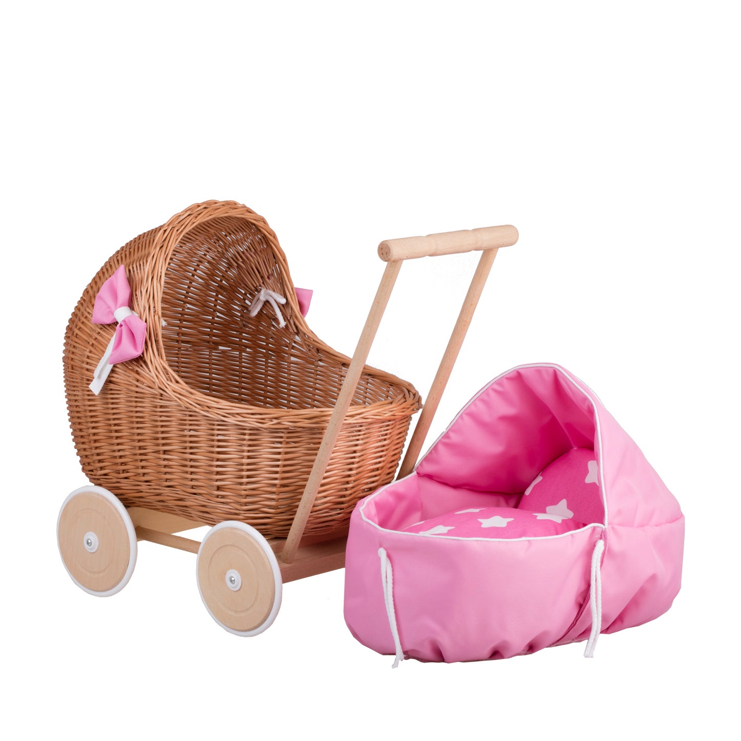 Lili wiklinowy wózek dla lalek z różowym obszyciem, kołderką i poduszką TheWickerStories