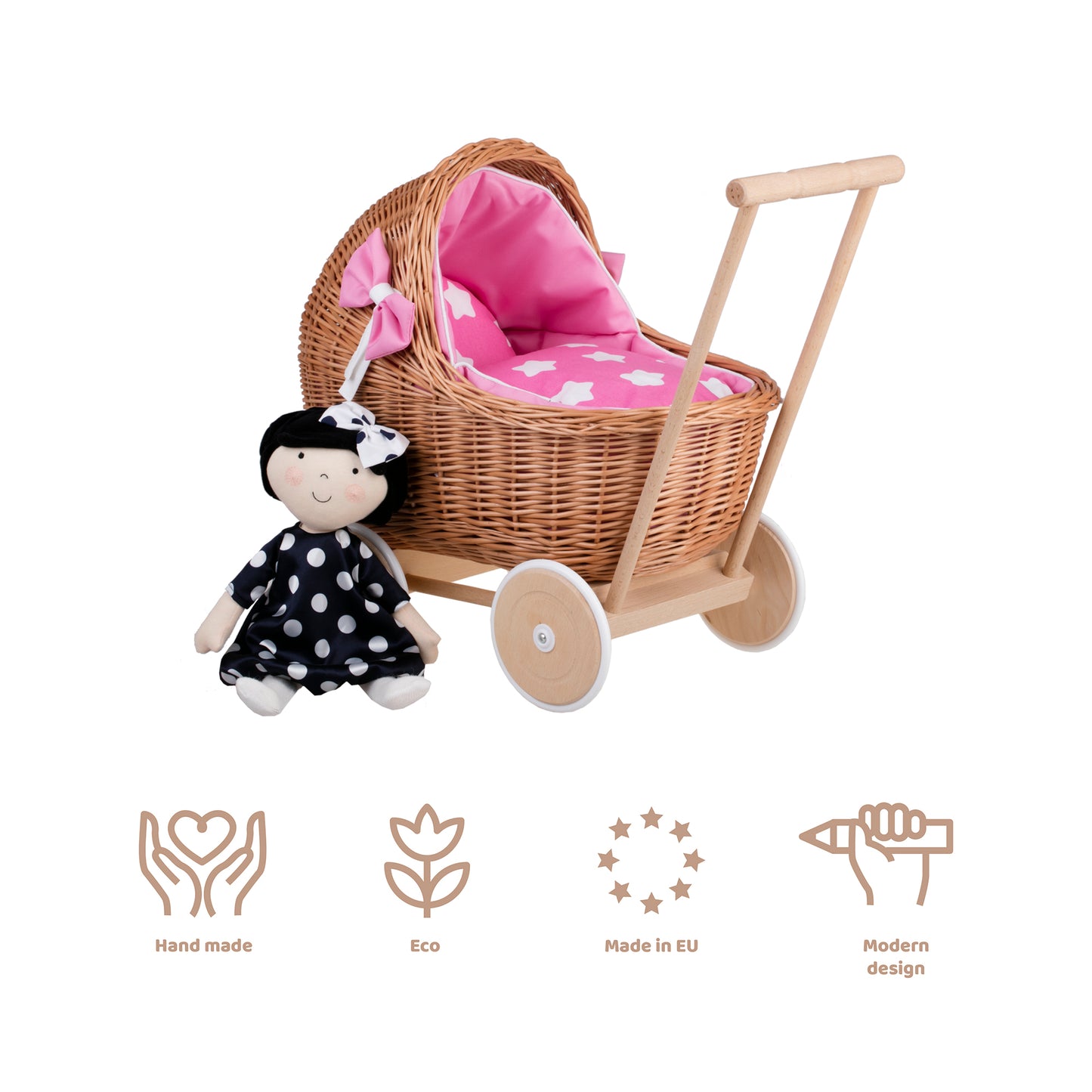 Lili wiklinowy wózek dla lalek z różowym obszyciem, kołderką i poduszką TheWickerStories