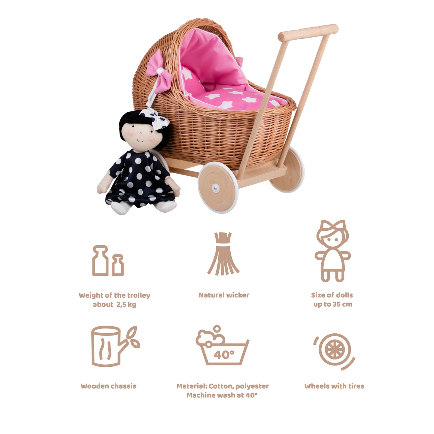 Lili wiklinowy wózek dla lalek z różowym obszyciem, kołderką i poduszką TheWickerStories