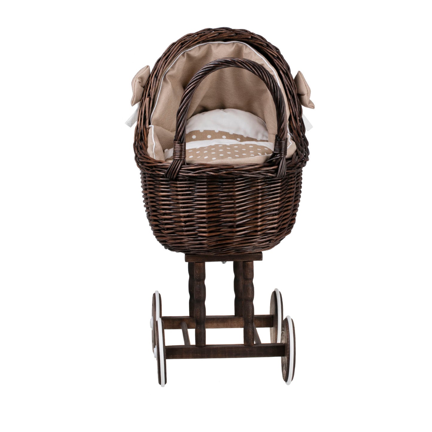 Lena wiklinowy wózek dla lalek z beżowym obszyciem, kołderką i poduszką TheWickerStories